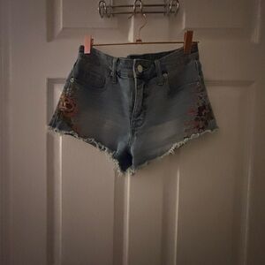 Floral Embroidered Blue Jean Shorts